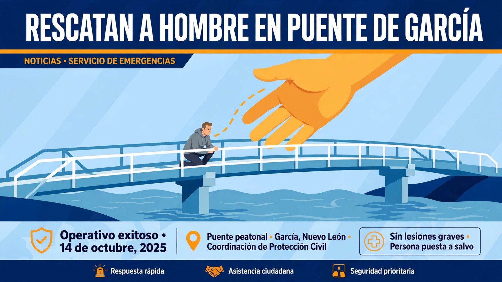 Rescate en un puente peatonal de García, Nuevo León. Gráfica editorial: TopNoticias