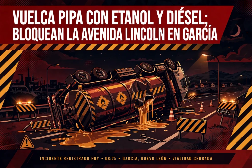 Gráfico editorial: volcadura de pipa en la avenida Lincoln, García