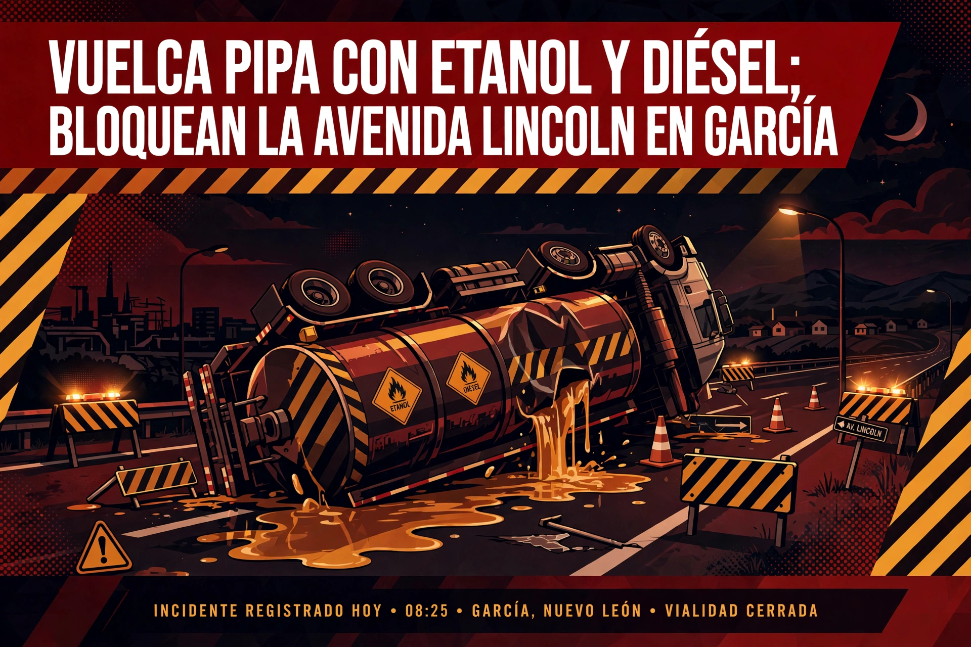 Gráfico editorial: volcadura de pipa en la avenida Lincoln, García